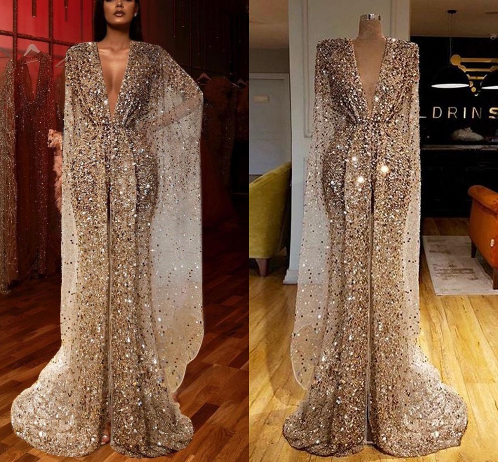 

Spark Sequined Champagne Gold Mermaid Prom Dresses Long Sleeve 2020 Sexy Deep V Neck Pageant Evening Gowns High Split Formal Wear AL4546, Same as picture