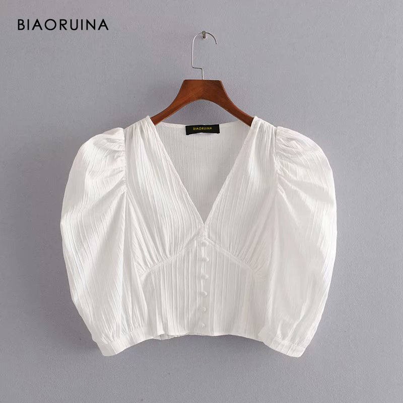 

BIAORUINA Women Fashion White Pleated Fabric Single Breasted Shirt V-neck Female Sexy Summer High Waist Short Elegant Blouse, As pic