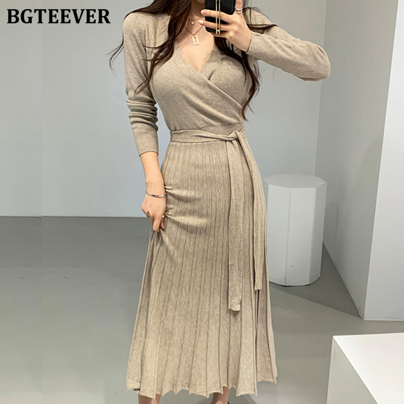 

BGTEEVER Sexy V-neck Belted Knit Dresses Women Full Sleeve Slim Waist Chic Female Sweater Dresses Women A-line Vestidos 2019, Black