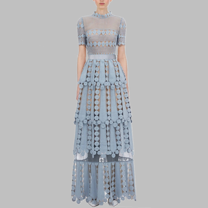 

2020 Crew Short Sleeve Blue New Women' Dress Floral Lace Hollow out Embroidery Long Dress Elegant Formal Floor Length Party Dresses