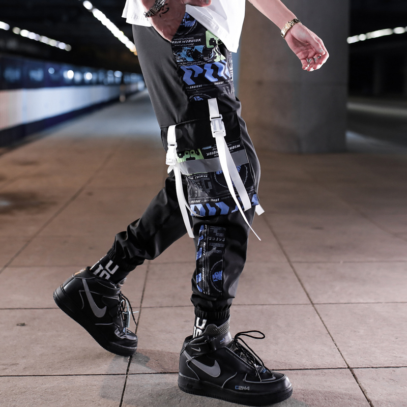 

New Fashion Casual Hip Hop Trend Pattern Aside Autumn Sweatpants Men Joggers Harajuku New Brand Bottom-tied Elastic Waist Trous, Blue
