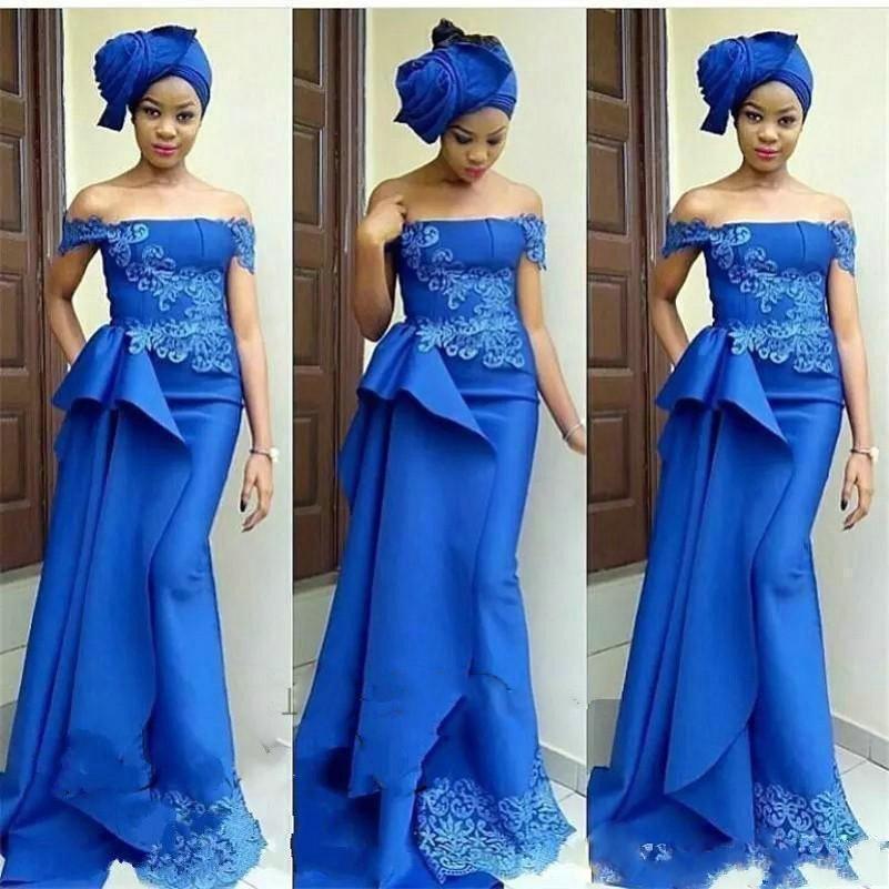 

Royal Blue Mermaid Evening Dresses Off Shoulder Lace Appliques Floor Length Prom Dress Evening Gowns Party Dress, Brown