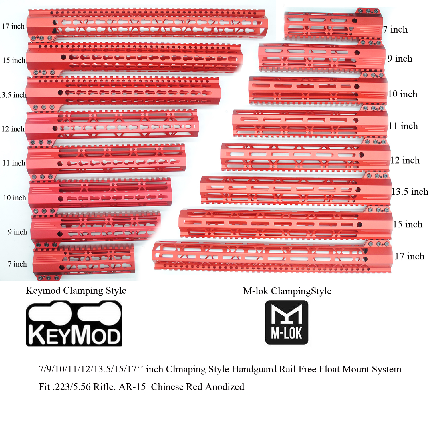 

7/9/10/11/12/13.5/15/17'' inch Keymod/M-lok Clamping Style Handguard Rail Free Float Picatinny Mount System_Red Anodized, Chinese red