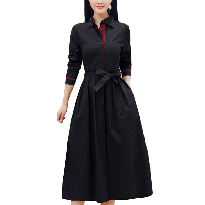 

new Dress Fashion Women Long Sleeve O Neck Pocket Dress Cotton Linen Printed Loose Casual women, Black