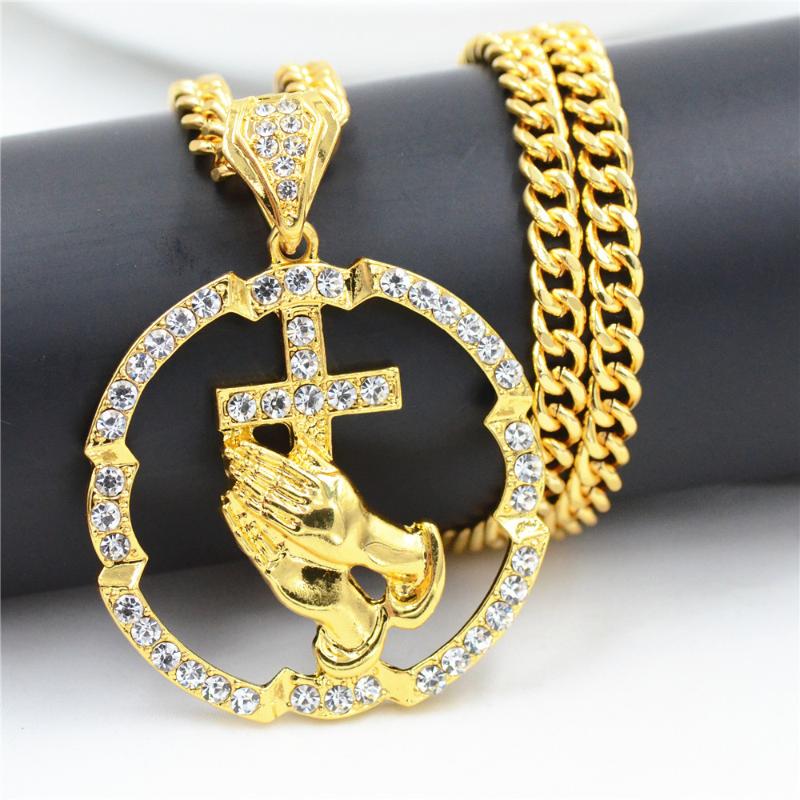 

Pendant Necklaces Hands Praying Cross Necklace Zircon Inlaid Round Tag Hip Hop For Friend Gifts