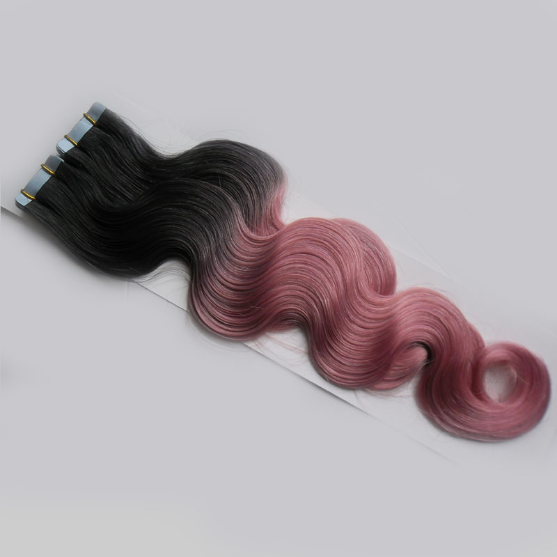 

Unprocessed Virgin Peruvian Body Wave Hair Tape In Human Hair Extensions Ombre Two tone Virgin Tape In Hair Extensions Black And Pink Color, T1b/pink
