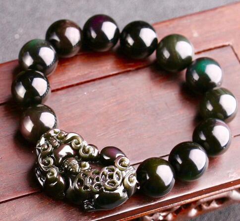 Natural 12 mm Negro Obsidiana Arco Iris Piedras Preciosas Perla Redonda Con cuentas Pulsera elástica