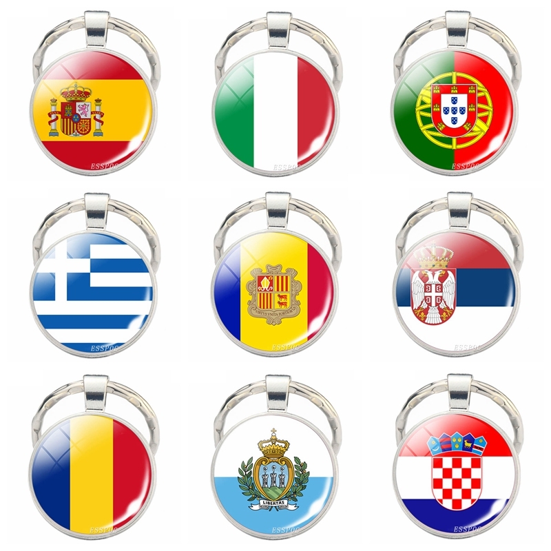 

Countries Flag Keychain Spain Italy Portugal Greece Romania Croatia Andorra Flag Picture Glass Cabochon Key Chain Gifts
