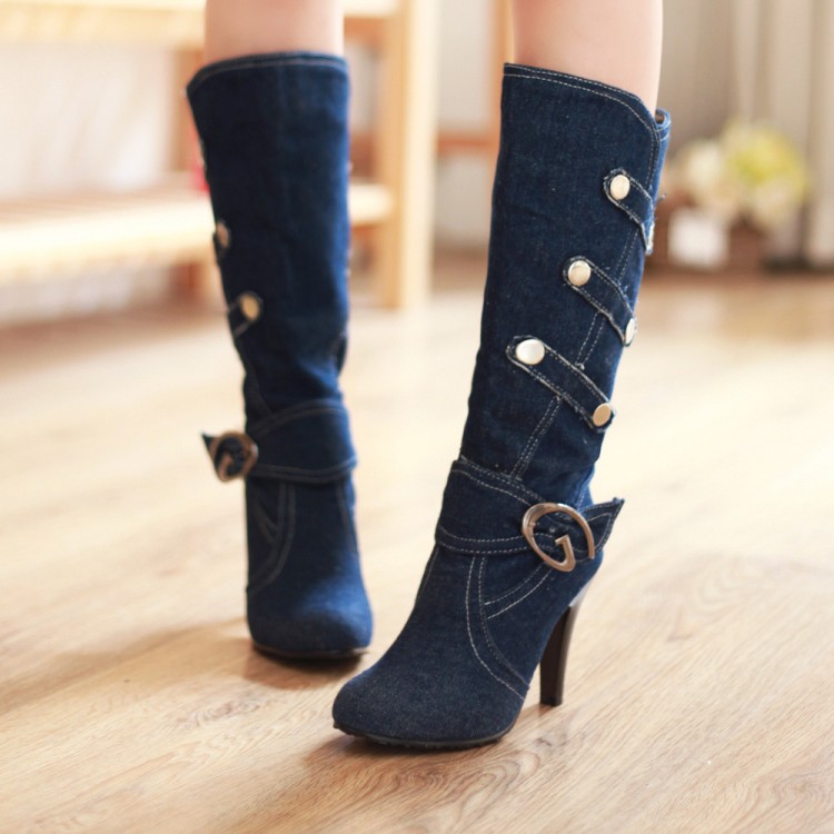 

plus size 34 to 42 to 48 fashion designer boots denim blue cloth high heel boots sexy women knee high boots, Light blue