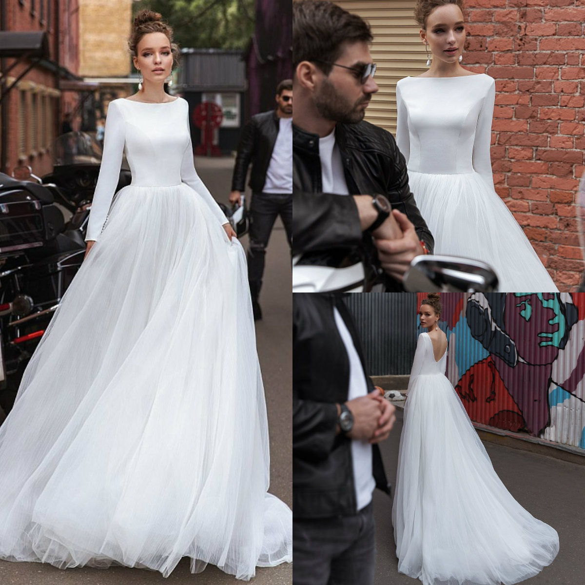 

2020 Simple Modest Wedding Dresses A Line Sweep Train Scoop Neck Satin Tulle Boho Wedding Dresses Custom Made Long Sleeve Bridal Gowns, Grape