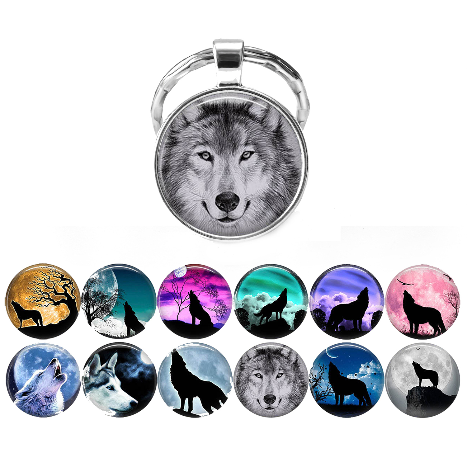 

Wolf & Moon Pendant Vintage Wolf Keychain Men Jewelry Glass Cabochon Key Chain Holder Fashion Accessories Silver Key Ring Gift