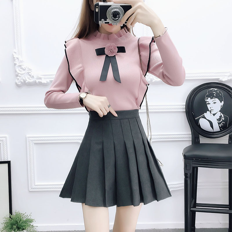 

autumn outfit women pullover top sweater & thickening pleated skirts two-piece clothing set lady vestido knitwear top skirt, White