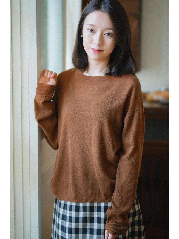 

CYNTHIA Women Wool Pullover Knitted Long-sleeve Female O-neck Sweater Spring Autumn Crochet, Dark brown
