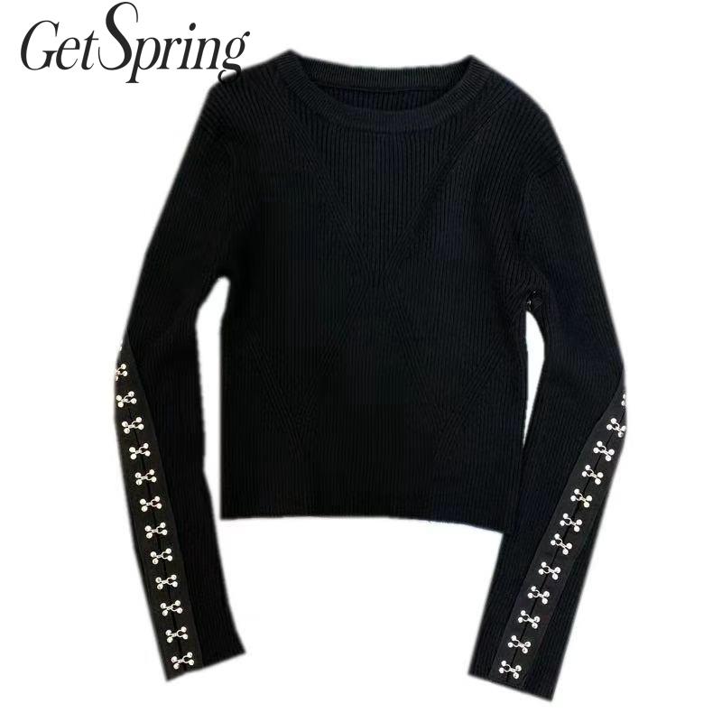 

GetSpring Women Sweater O Neck Long Sleeve Knit Sweater Women Sweaters And Pullovers All Match Slim Thin Womens Sweaters 2019 Knitting, Black