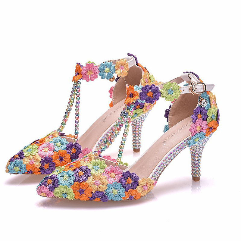 

Mix Lace Flower Women Sandals 3 Inche Thin Heel Performance Show Shoes Pointed Toe Wedding Party Pumps Ankle T-straps Heels, Multicolor