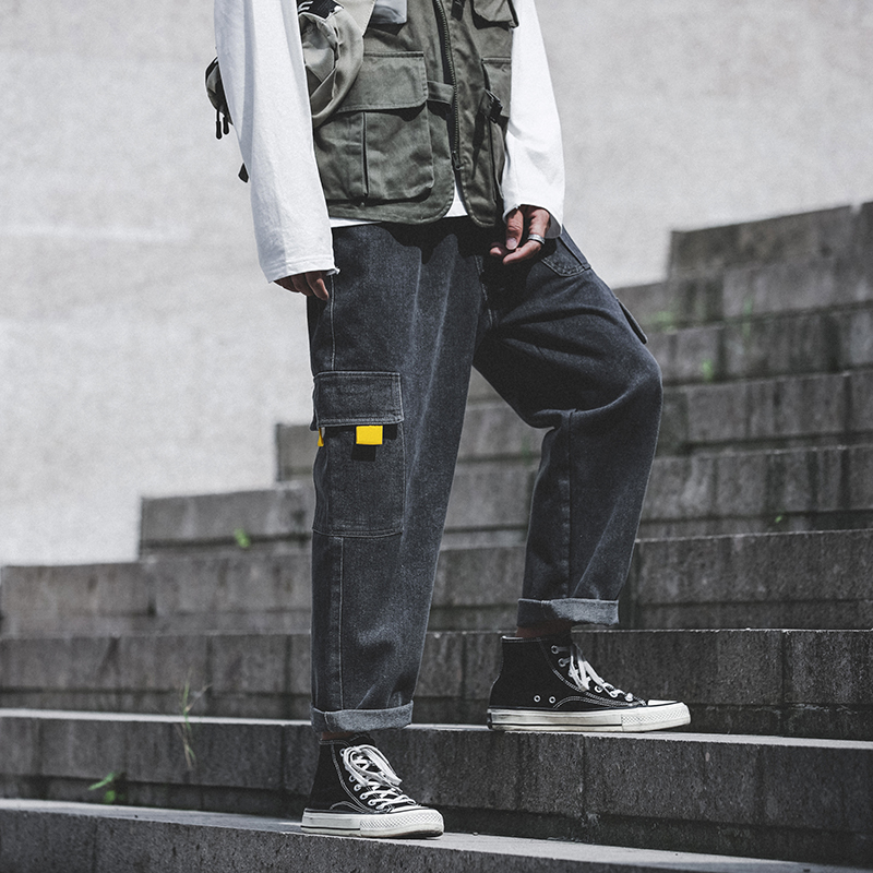 

Men's jeans 2019 autumn and winter straight loose tooling wide leg pants retro jeans youth personality fashion men's clothing, Black