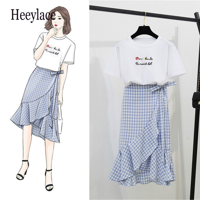 

women Summer two piece set korean sweat white t-shirt and irregular hem elegant ruffles mermaid skirt set female fashion outfits, Top