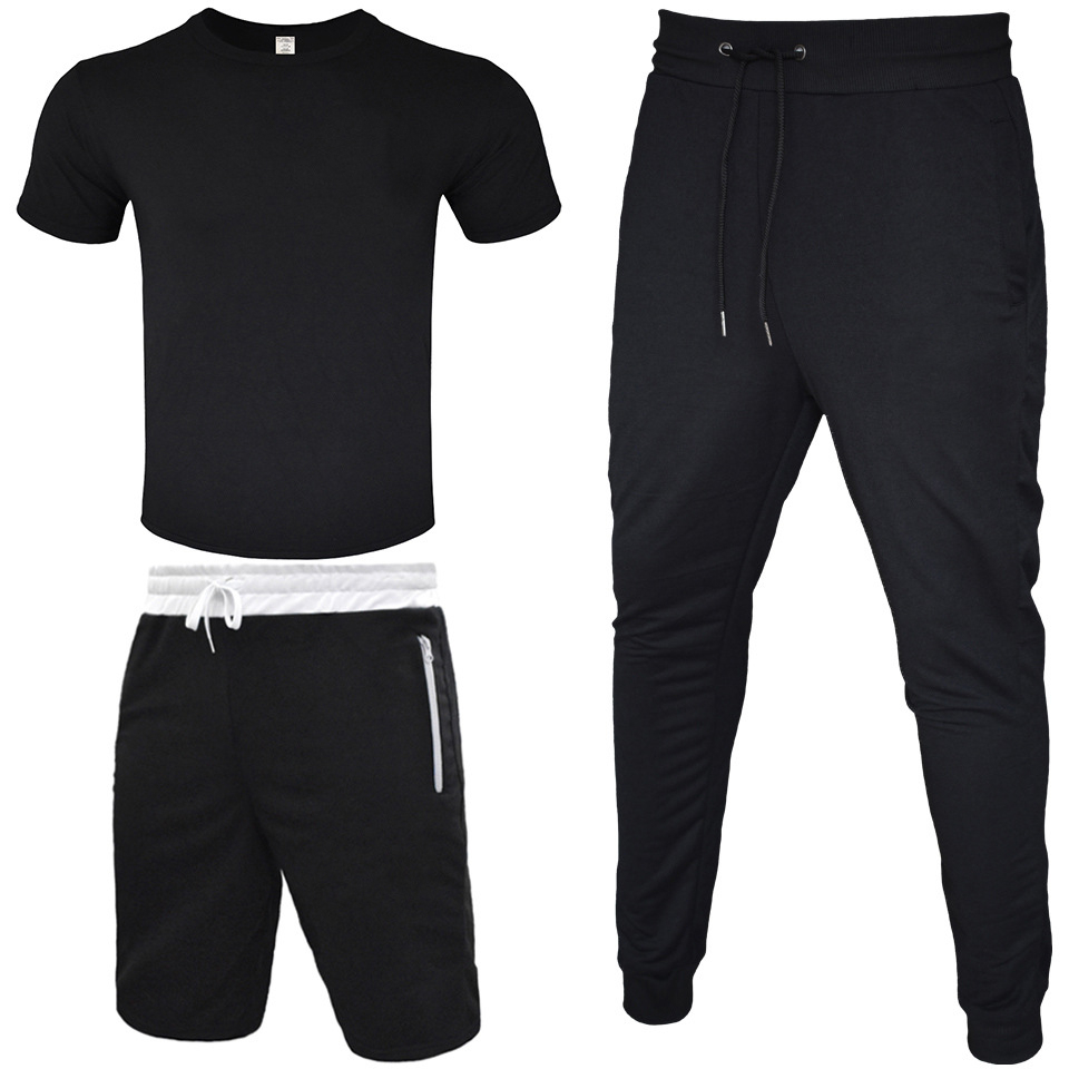 

track suit men T-shirt+Short Pant+Long Pant 3 Piece Sets Outfit Street wind leggings sports casual cotton T-shirt zipper, Purple clothes and black pants-round hemisphere
