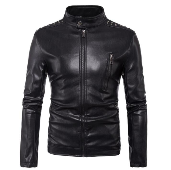 

Personalized motorcycle mens leather jacket stand collar slim coat rivet jackets fashion clothing jaqueta street punk rock black