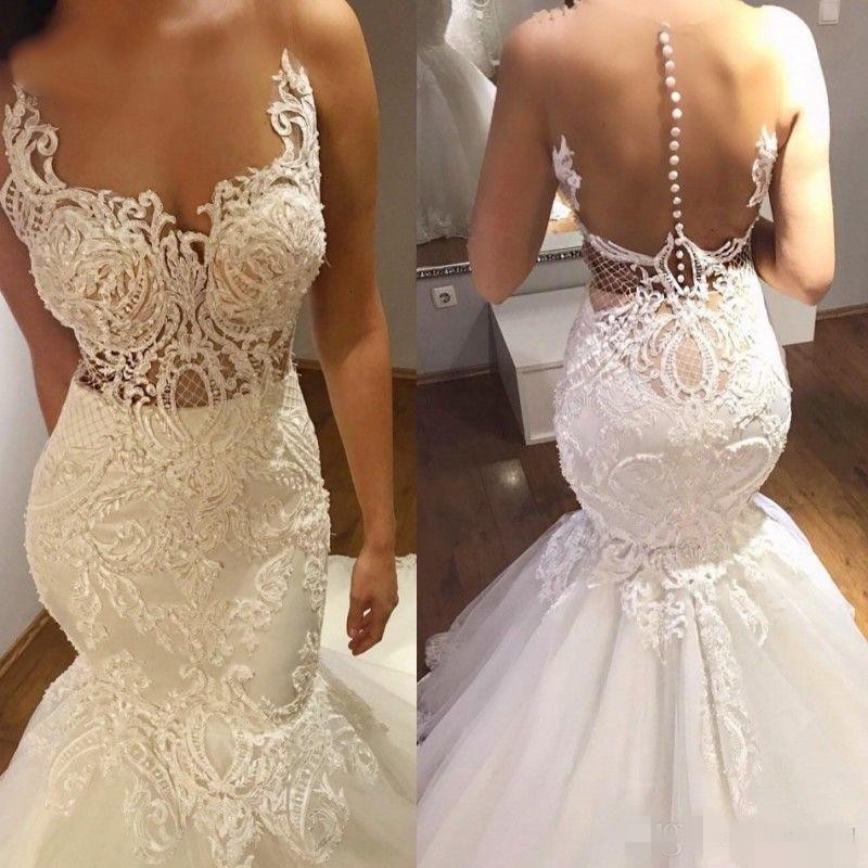 

2020 Sheer Neck Mermaid Wedding Dresses Illusion Bodice Sexy Back Lace Appliqued Custom Made Wedding Gown Plus Size vestido de novia, Ivory