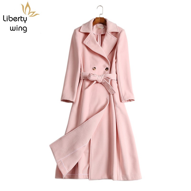 

Runway Pink Double-face Cashmere Coat Women Winter Turn Down Collar Slim Belt Long Woolen Warm Overcoat Casaco Feminino