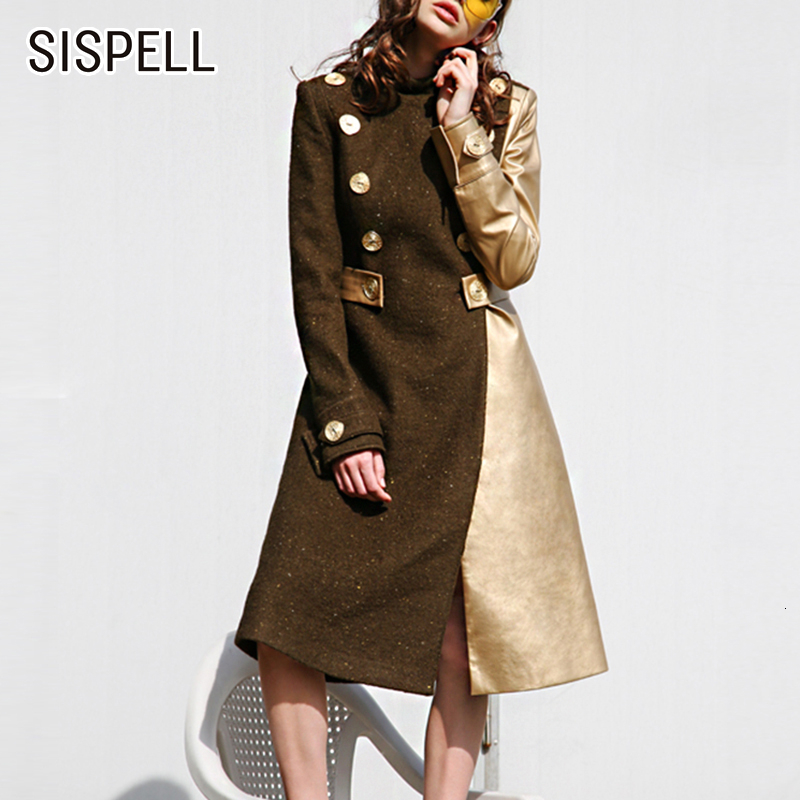 

SISPELL Elegant Patchwork Coat Female Stand Collar Long Sleeve High Waist Hit Color Women' Coats Autumn Winter 2019 New Fashion, Army green