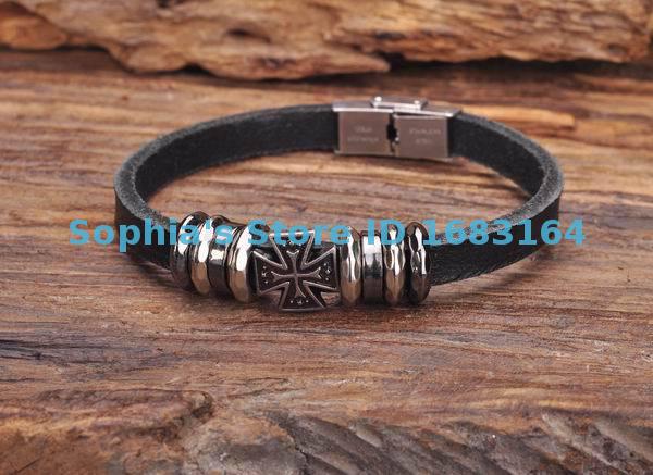

G148 Black Leather Classic Cross Wristband Bracelet Cuff Stainless Steel Clasp Mens