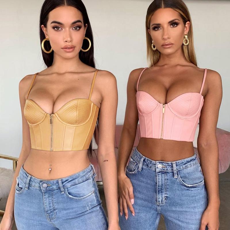 

Women Sexy PU Chest pad steel support zipper Gather Vest Wrap chest strapless Sexy navel vest Nightclub short T-shirt Casual Top, Khaki