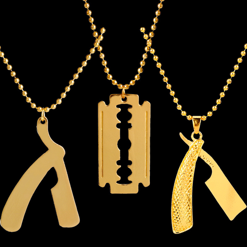 

2020 Polished New Fashion Jewelry Golden Barber Shop Razor Necklace Pendant Long Chain hip hop Men Necklace