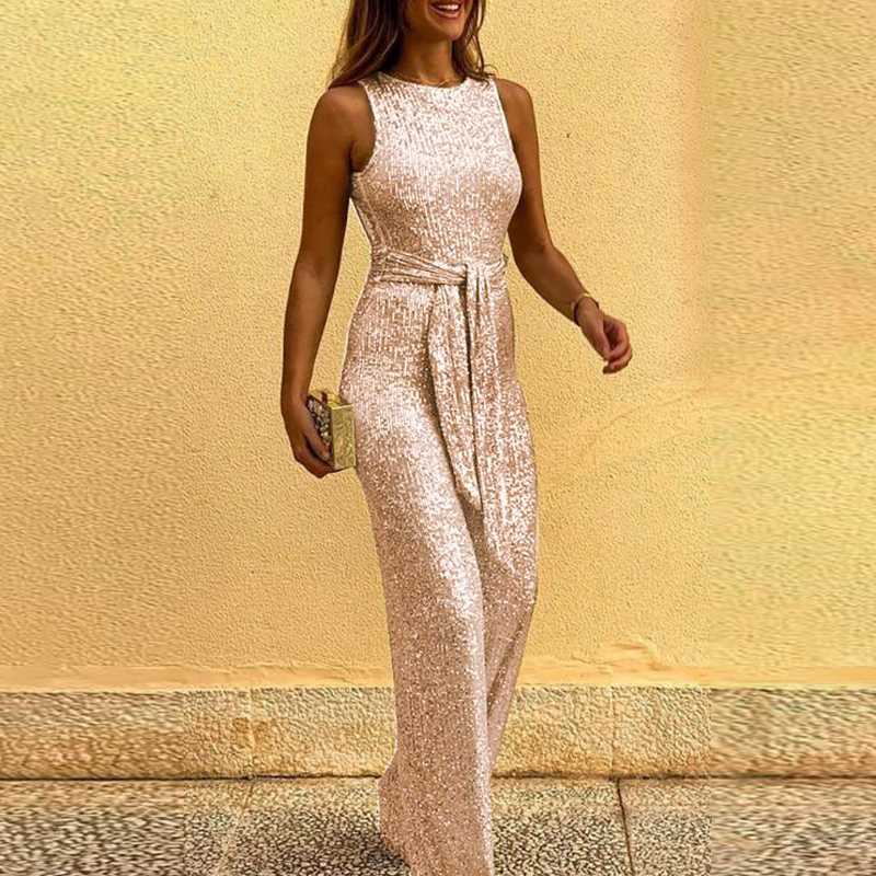 

Elegant Sexy Jumpsuits Women Sleeveless Sequin Glitter Shiny Trousers Wide Leg Pants Rompers Backless Belt Bodysuit Playsuit, Black