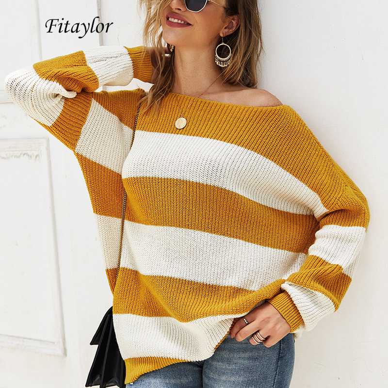 

Fitaylor Vintage Stripe Knitted Sweater Pullover Women Spring Autumn Loose Sexy Off Shoulder Female Jumper Knitted Tops, Green