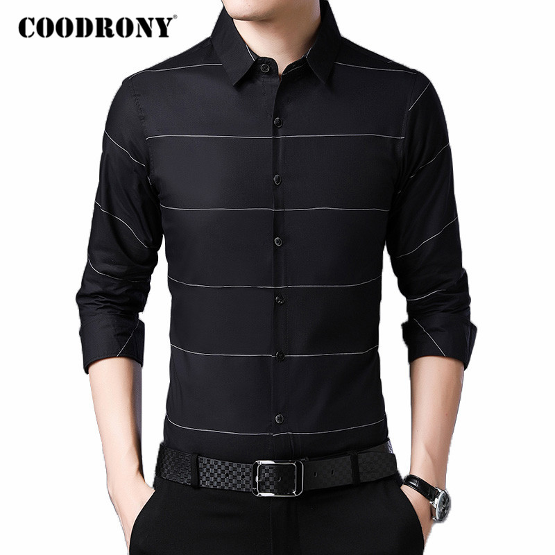 

COODRONY Brand Soft Cotton Long Sleeve Shirt Men Spring Autumn Fashion Striped Business Casual Shirts Social Chemise Homme C6036, Black