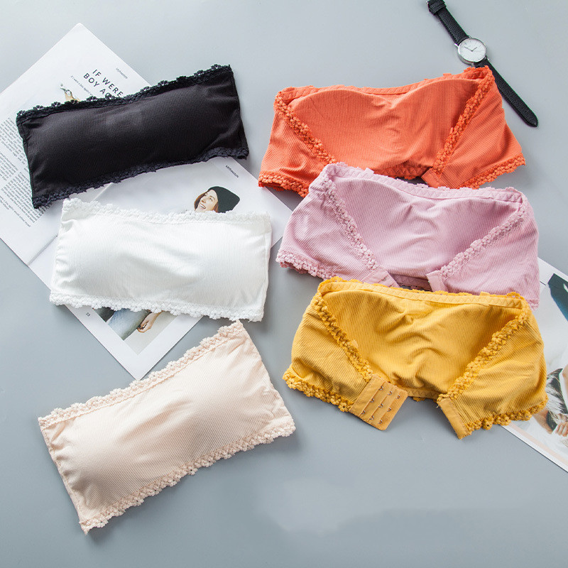 

Candy Colorful Seamless Tube Tops Women Strapless Sexy Lace Padded Bra Girls Soft Underwear 3-hooks Tube, White