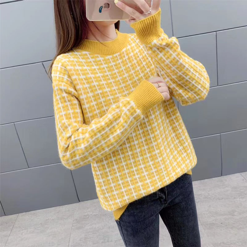 

Loose Pull Women Autumn O-Neck Fashion Long Sleeve Grid Pullovers and Sweaters Women Knitted Pull Jumper Female Tops Plus Size, Black