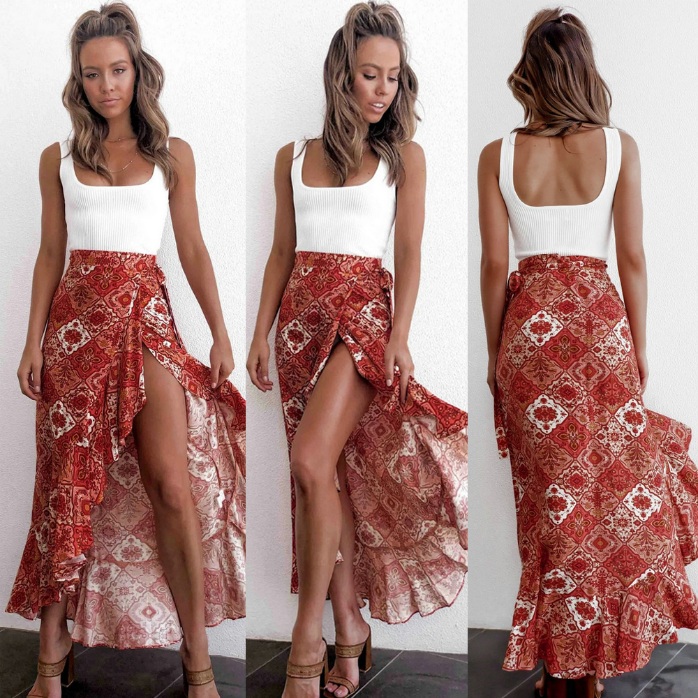red boho maxi skirt