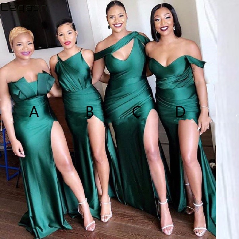

2022 Sexy Emerald Green High Slit Bridesmaids Dresses Soft Satin Off Shoulder Halter Strapless Wedding Guest Dress Evening Gowns Party Cheap