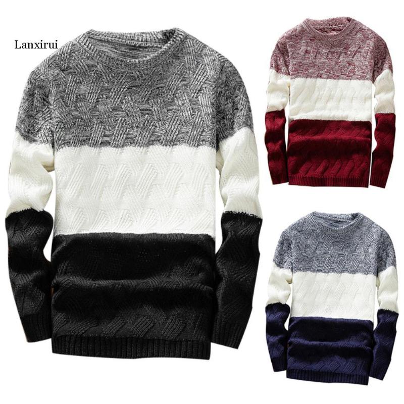 

Men Autumn Sweaters O Neck Long Sleeve Sweater Patchwork Sliming Fits Knitted Pullover Sweater Autumn Winter pull homme, Black