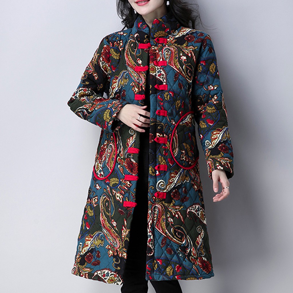 

Women Coat Winter Casual Floral Print Warm Fleece Hooded Female Coat Plus Size Pocket Women Outwear Long Plus Size 2xl#G30, Blue