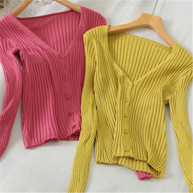 

Korean Elegant 2020 Spring Sweater Women Solid V-Neck Long Sleeve Knitted Jumper Casual Short Elastic Slim Pleated Cardigan, Green