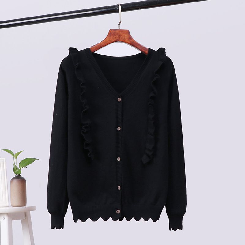 

Korean Style Women Autumn Ruffles Sweater Solid Color Trend Clothes V-neck Cardigan Long-sleeved Knitted Jumpers1