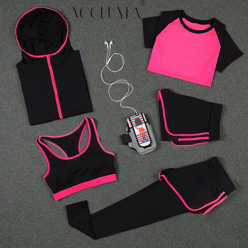 

Voobuyla Women Running Sets Sports Yoga Leggings Shirts Shorts Vest Bra Jackets Hood Tights Clothes Fitness Jogging Suit 5pcs, Orange