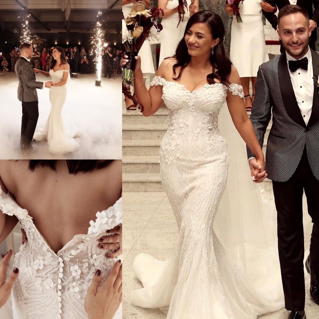 

2020 Glitter Mermaid Wedding Dresses Lace Appliqued Sweep Train Off The Shoulder Beach Wedding Gowns Robes De Mariée Country Bride Dress, Coral