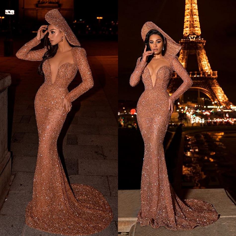 2020 longue sirène robes de soirée de luxe paillettes scintillantes col en V profond à manches longues robes de bal Illusion formelle vestidos de