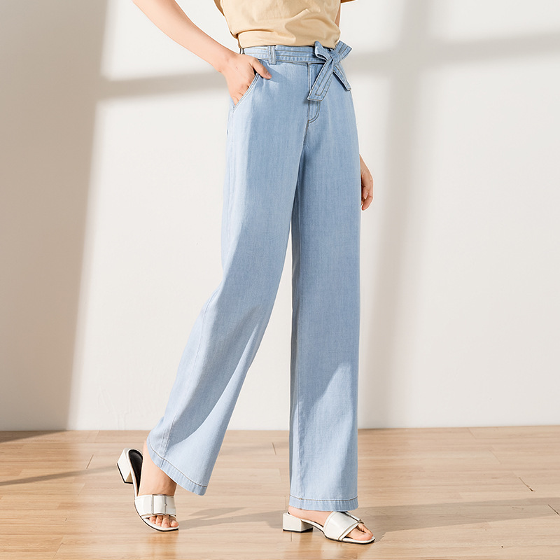 

2020 summer new Korean casual pants women's large straight tube High Waist Wide Leg denim pants women's 9129b, See chart