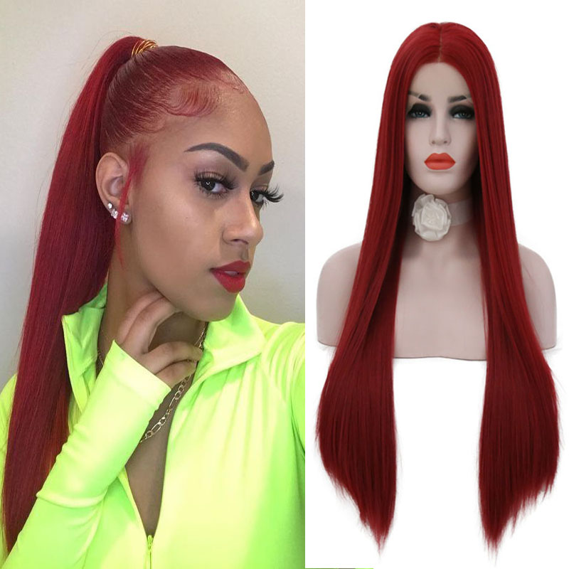 

RONGDUOYI HandTied Heat Resistant Hair Straight Lace Front Synthetic Wigs Cosplay Women Long Wig Burgundy Red Wigs Middle Part, As pic