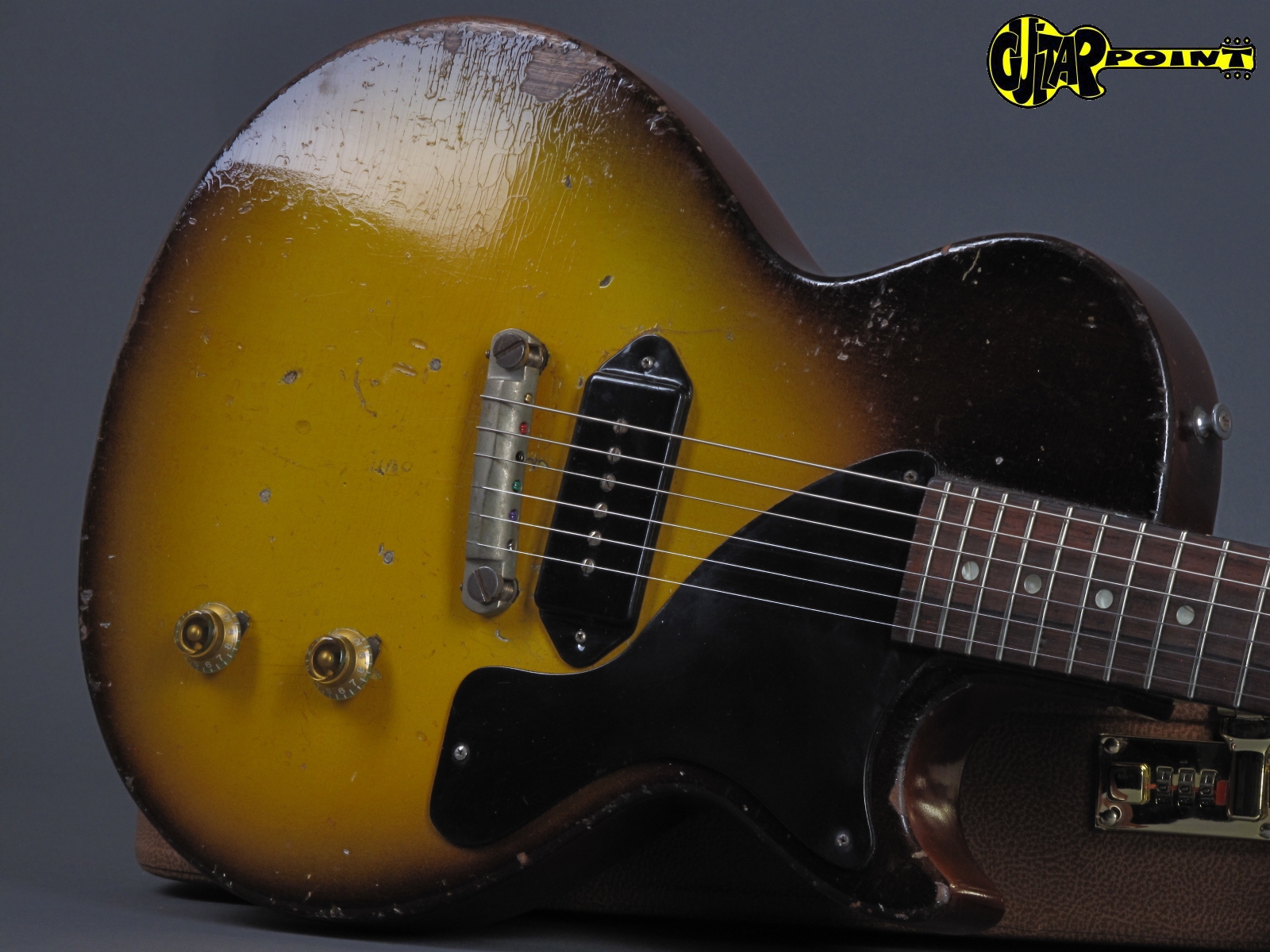 

Rare 1957 Junior Tobacco Sunburst Dark Brown Heavy Relic Electric Guitar Single Cut Body, 1 Piece Neck (No Scarf Joint), P-90 Dog Ear Pickup
