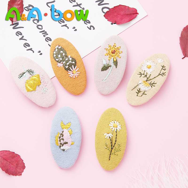 

2pcs/lot Hairpins for Girl Cloth Snap Hair Clip Floral Embroidery Oval Hair Pins BB Clip Solid Kids Barrettes Accessories, A2nsnsfb-9753-1-3
