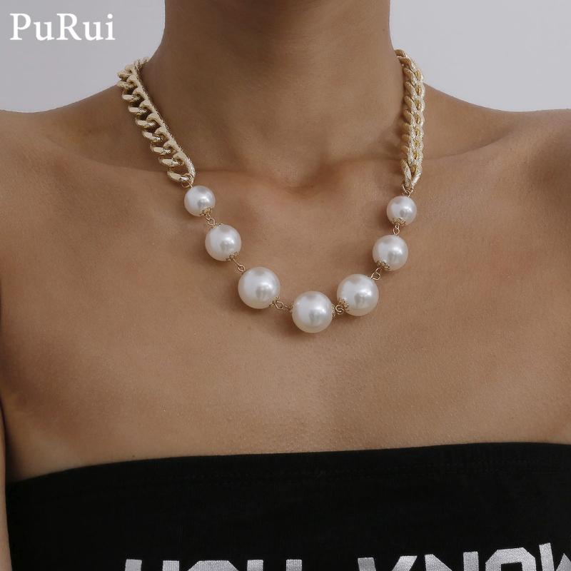 

PuRui Cuban Link Chain Choker Necklace for Women Punk Chunky Gold Color Imitation Pearl Collar Necklace Metal Fashion Jewelry