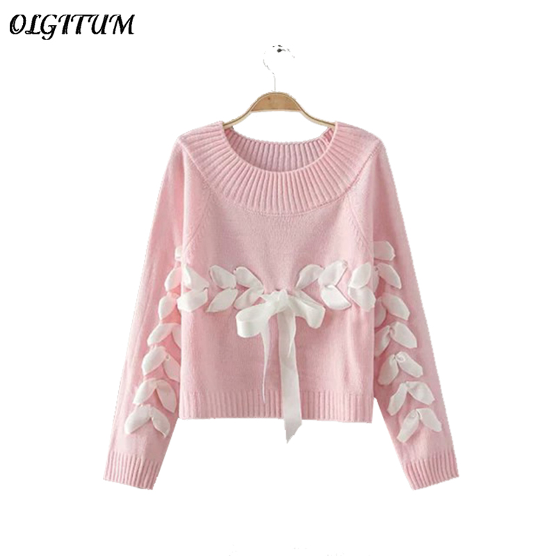 

OLGITUM 2019 Fashion new ladies sweater solid color cute silk banded bowknot Loose sweater knitted pullover for female, Blue