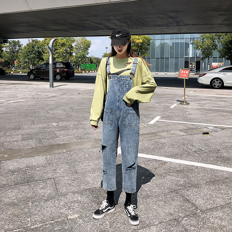 

Women's Retro Casual Bib Pants Women's Wide Leg Pants Jumpsuits Loose Leisure Street Fashion Oversized denim Damaged washing, Blue
